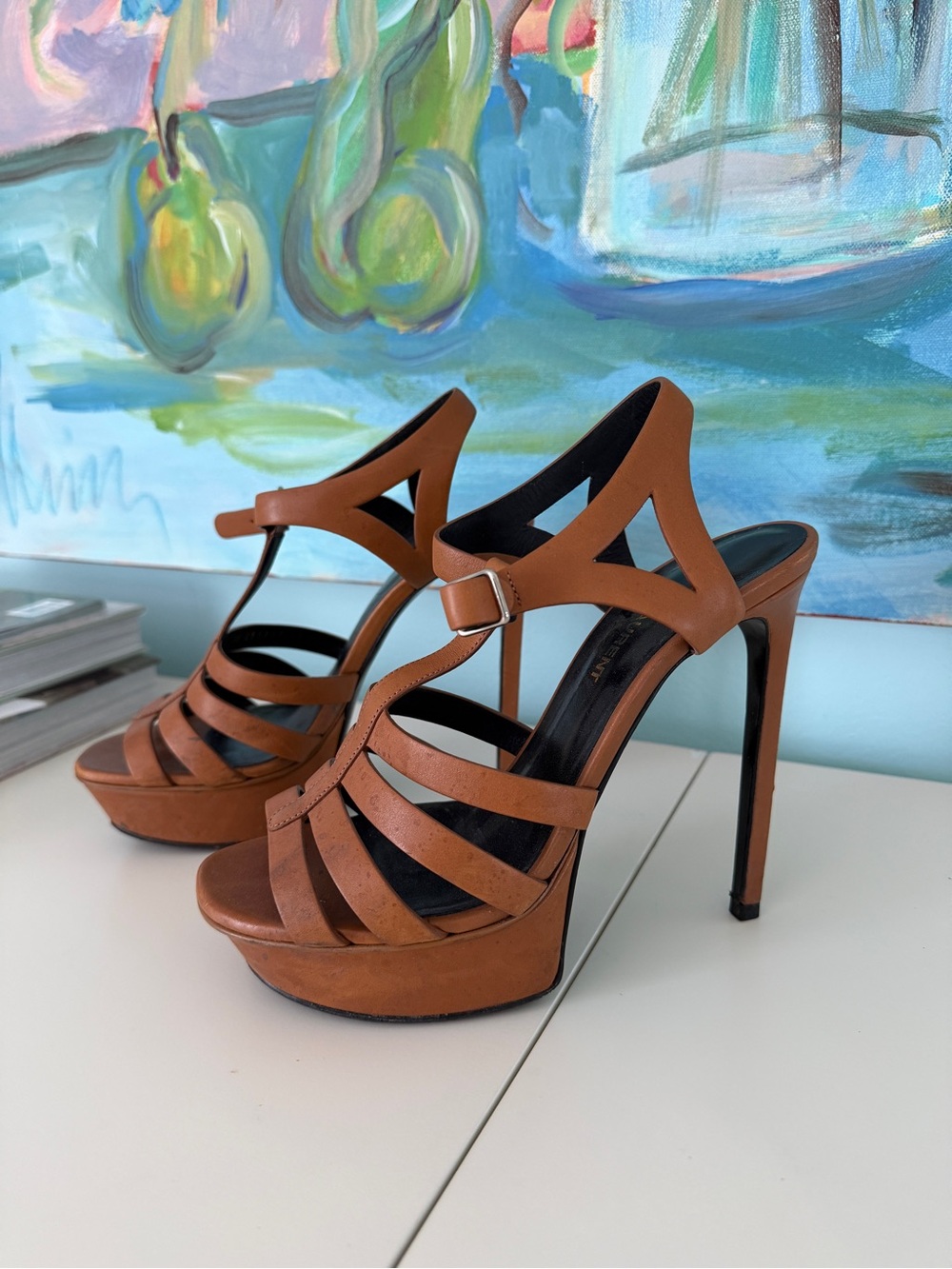 YSL YVES SAINT LAURENT VINTAGE Tribute Brown Strappy High-Heel Platform Sandals